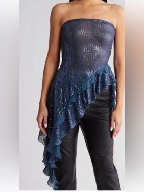 Free People womans asymmetrical Strapless Navy Sequin Ruffle Top size M